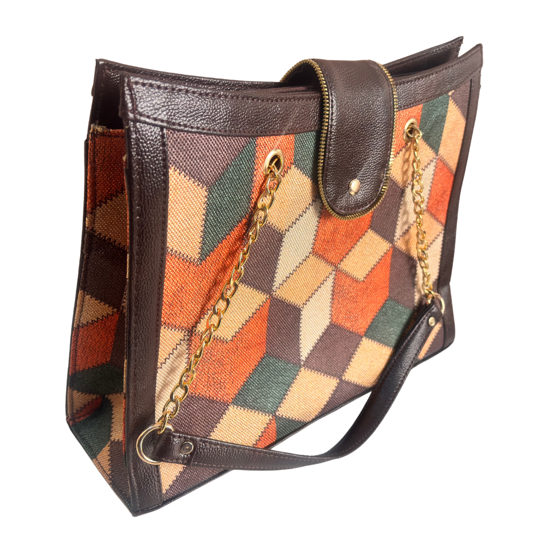 Chain Handle Tote Bag for Women | Rajasthani Block Print with Gold Chain Handles & Matching Pouch