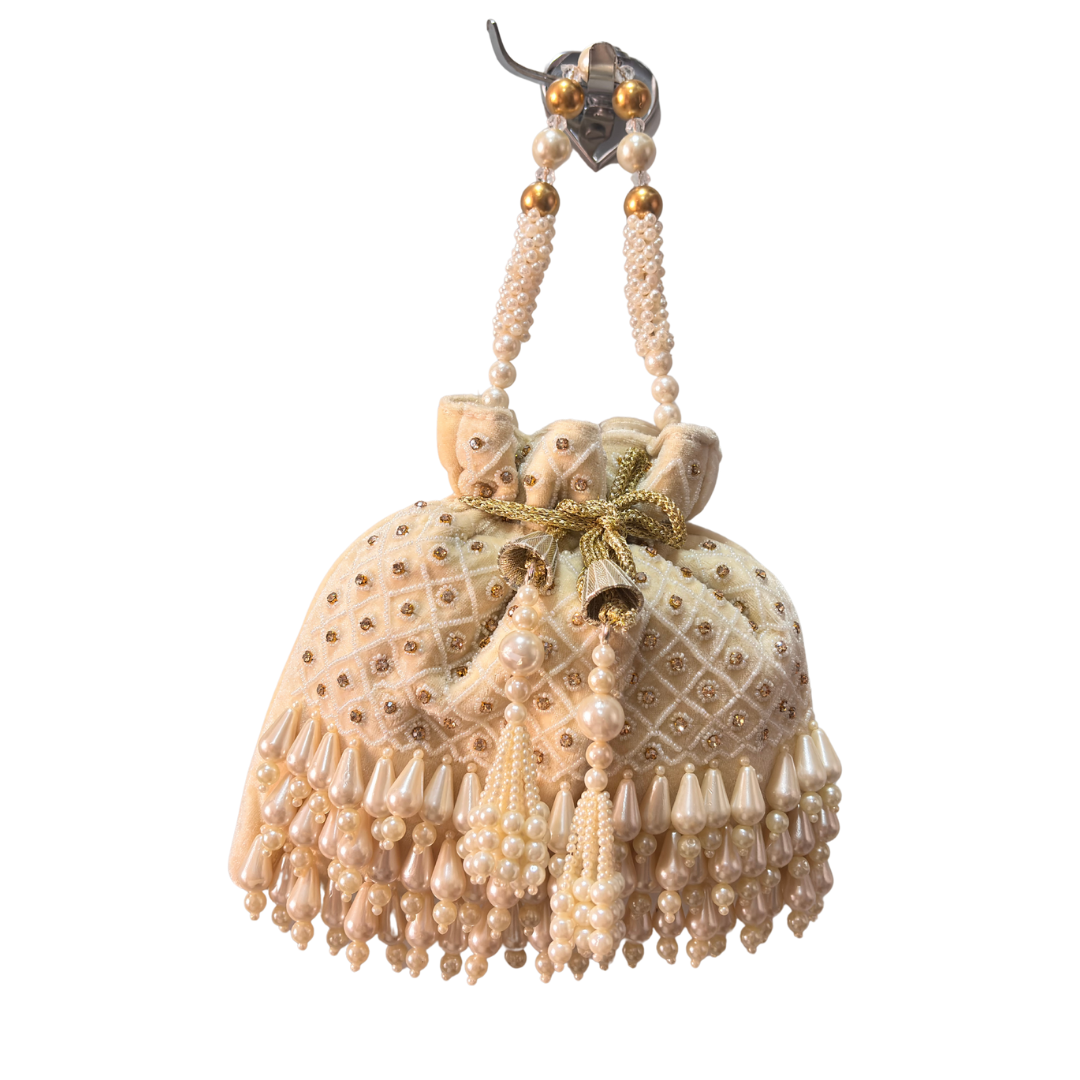 The House of RajPadmini Velvet Pearl Embroidered Potli Bag
