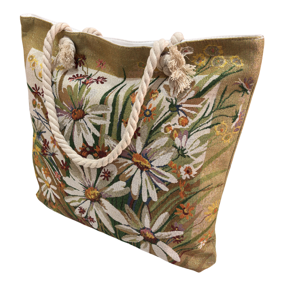 Peacock & Floral Print Canvas Beach Tote — Handcrafted Waterproof Tote with Zip Closure | The House of RajPadmini