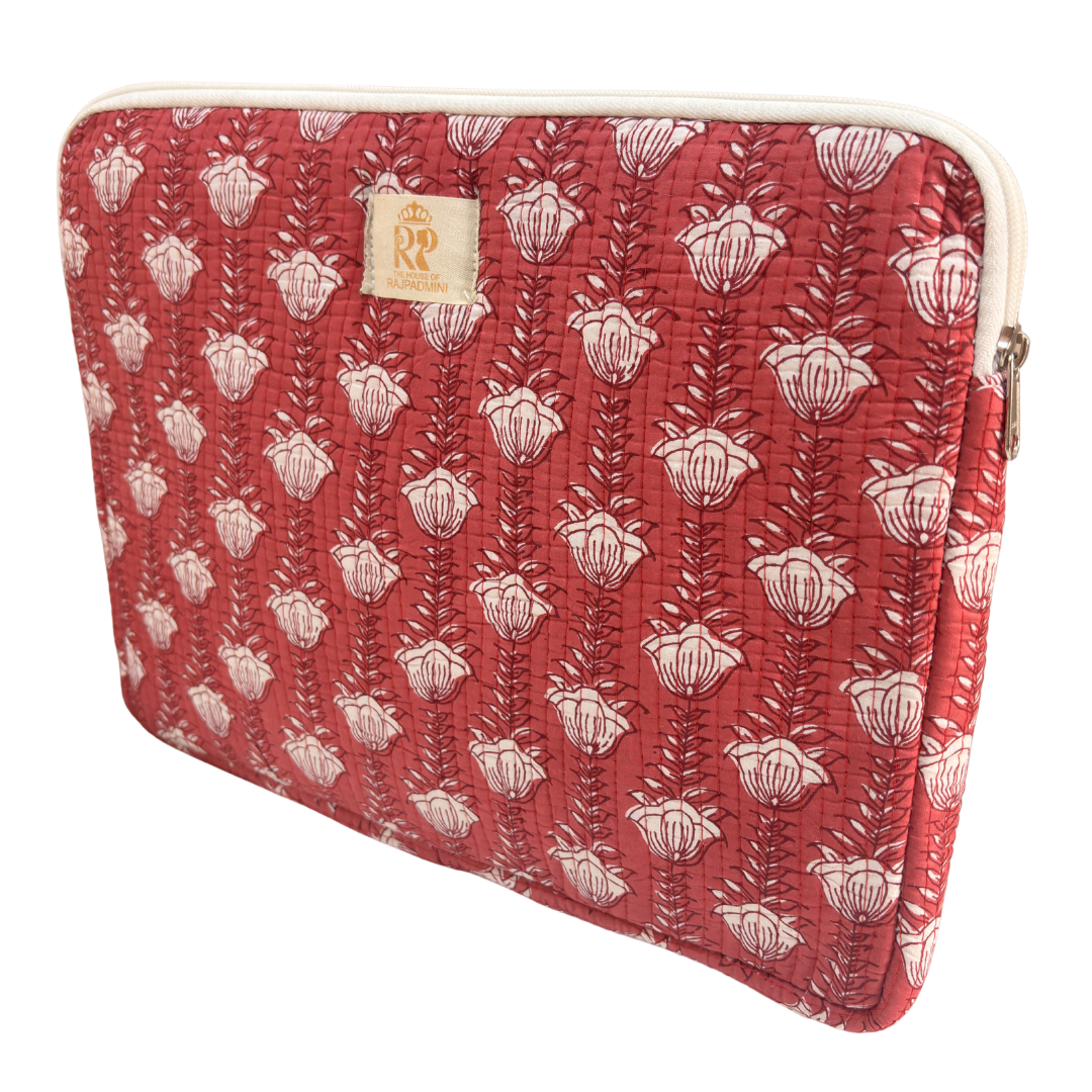 Dark Pink laptop sleeve external zip pocket detail for cables and small essentials