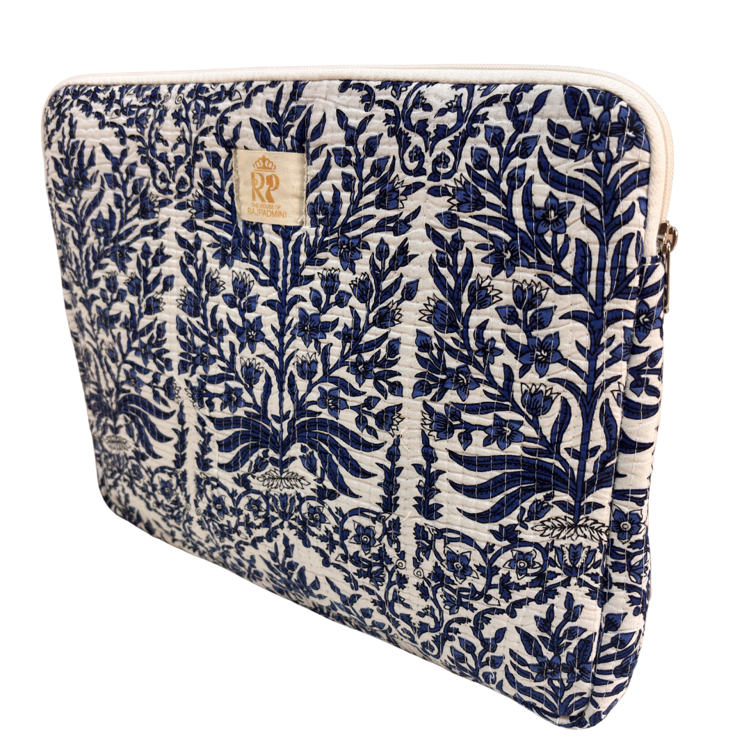 White and Blue laptop sleeve external zip pocket detail for accessories