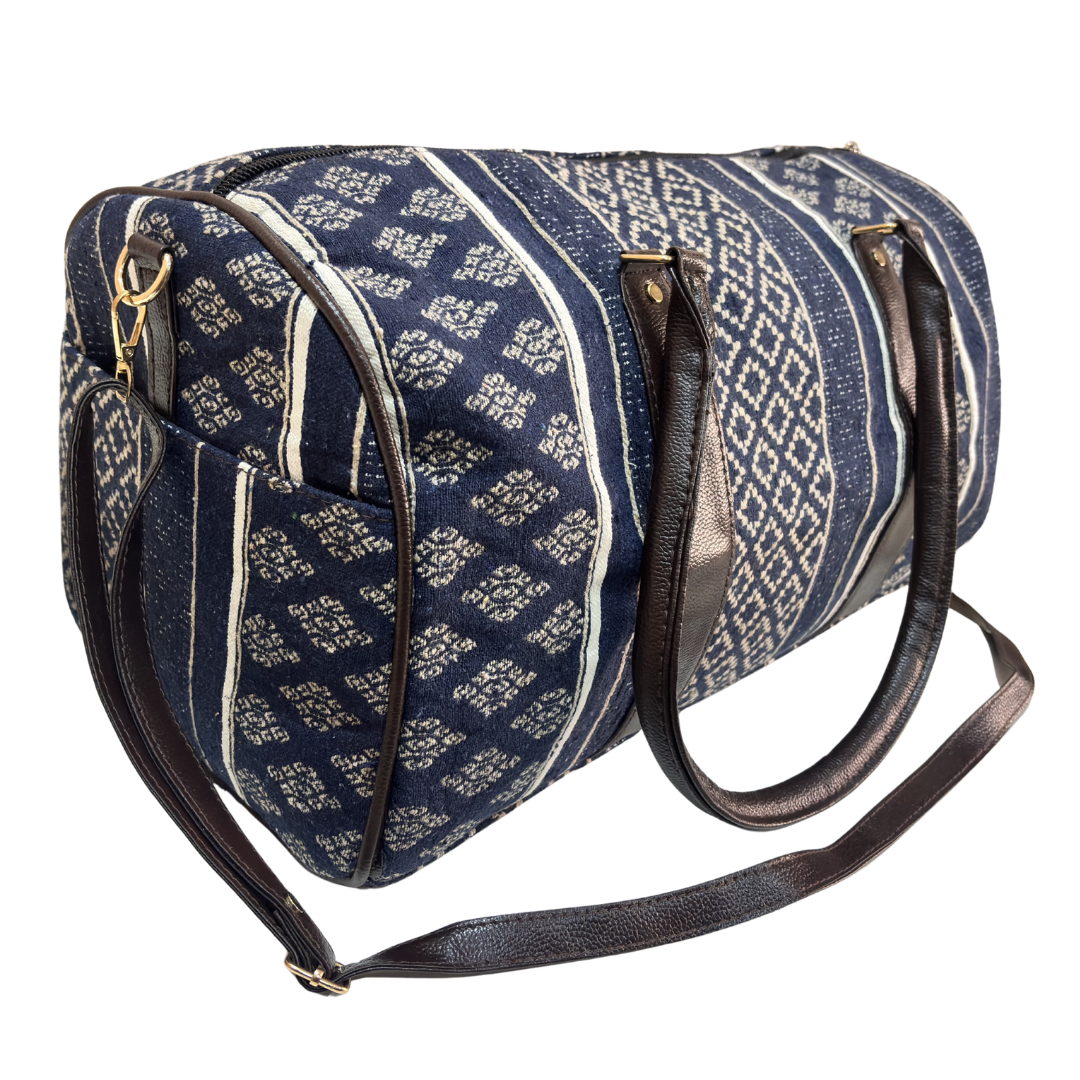 Interior of blue cotton duffle bag with faux leather lining and zip pocket for valuables