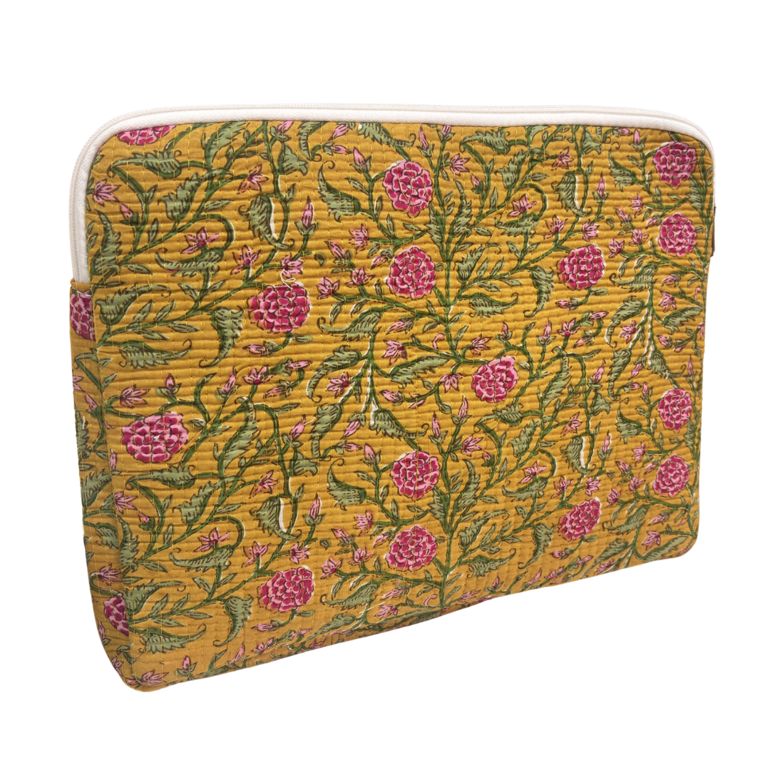 Quilted Cotton Laptop Sleeve with External Pocket — Handcrafted 14-inch Sleeve | The House of RajPadmini