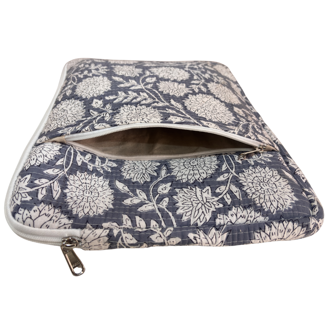 Grey laptop sleeve external zip pocket detail for accessories and cables