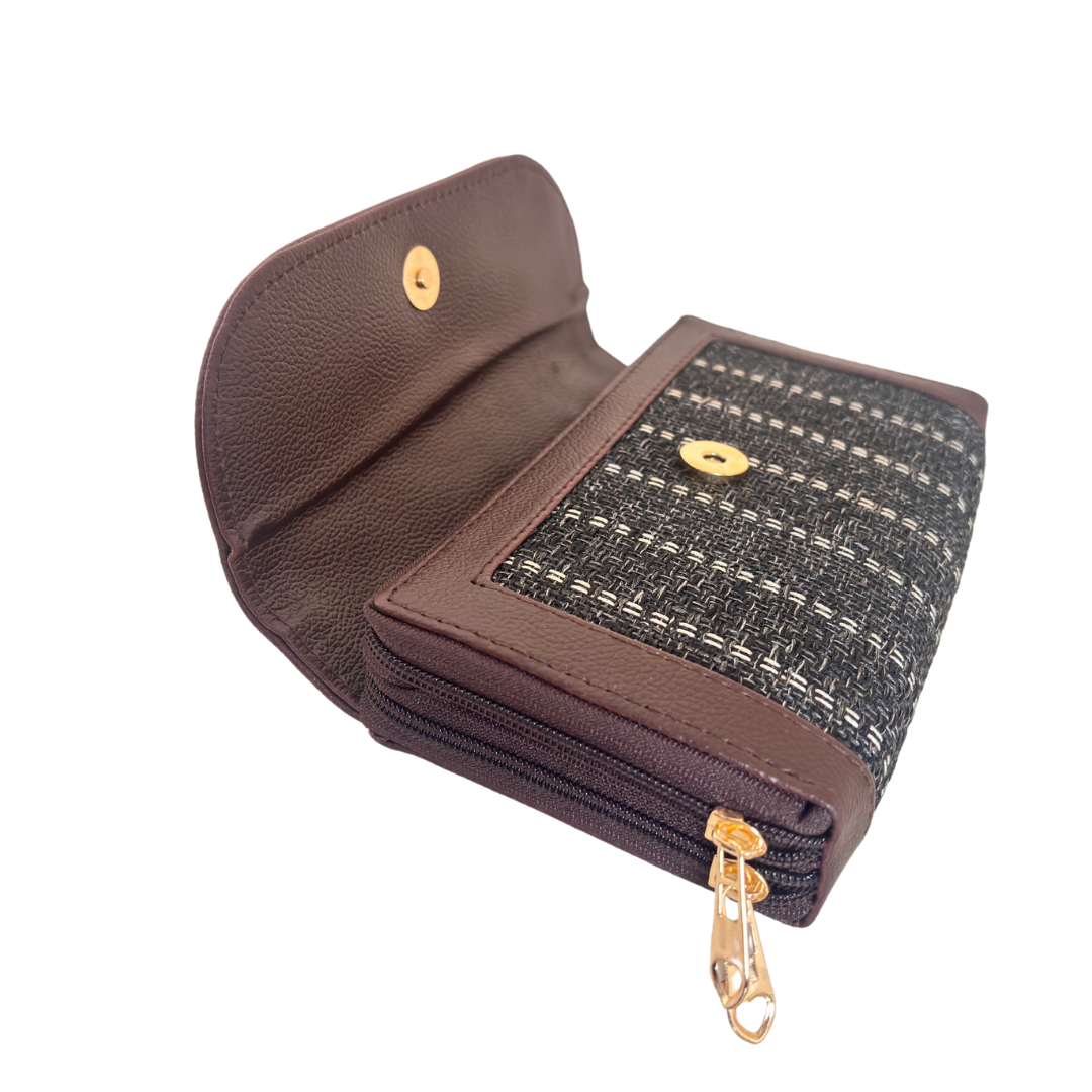 The Hamsafar Edition:- Women's Ethnic Coal Black Jute Fabric Wallet with Double Partition