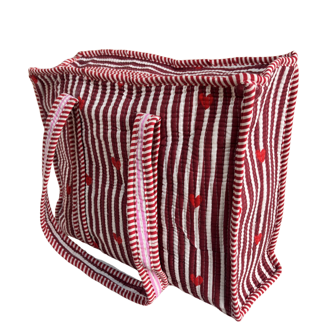 Heart Red quilted tote bag handles — reinforced cotton straps for everyday use
