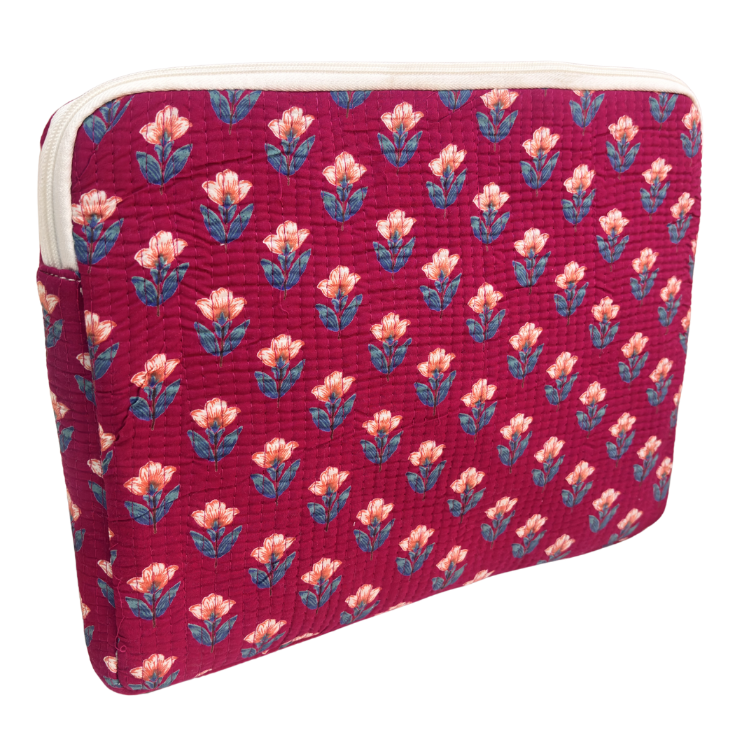 Quilted Cotton Laptop Sleeve with External Pocket — Handcrafted 14-inch Sleeve | The House of RajPadmini