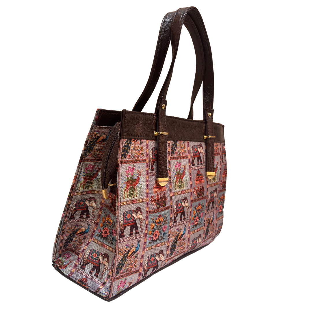 Rajwada Convertible Handbag for Women | Ethnic Chevron Print with Detachable Strap & Matching Pouch | Office to Evening
