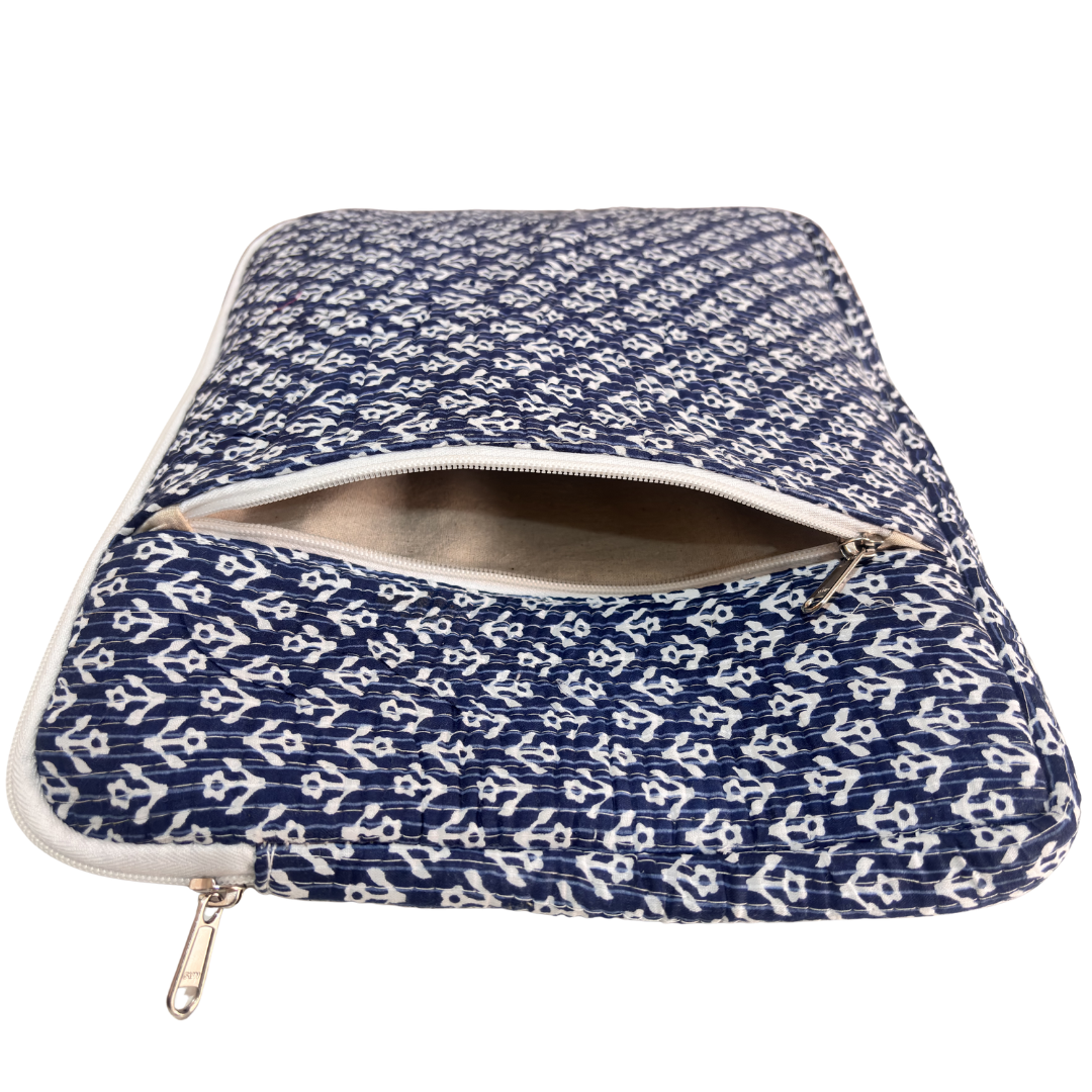 Indigo Blue laptop sleeve external zip pocket detail for charging cables and accessories
