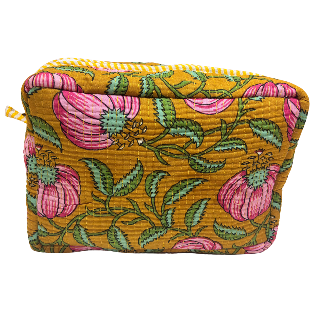 Multi-Pocket Travel Cosmetic Case with Flap & Front Zip — Handcrafted Quilted Block Print | RajPadmini