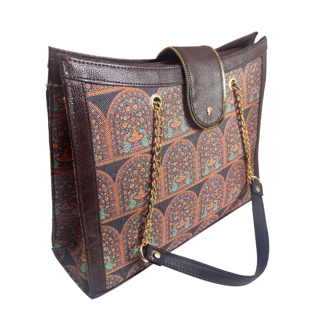 Chain Handle Tote Bag for Women | Rajasthani Block Print with Gold Chain Handles & Matching Pouch
