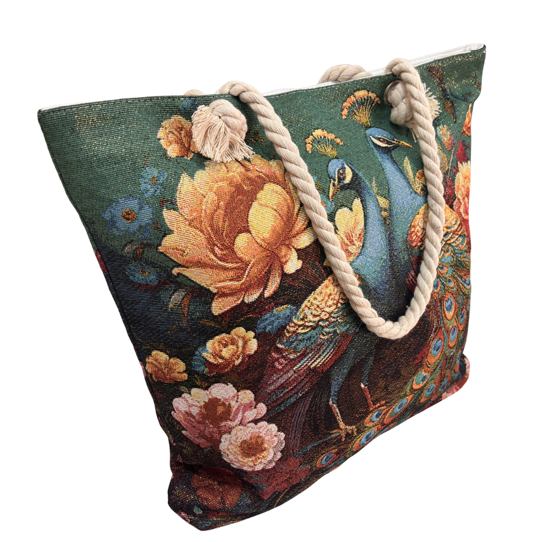 Peacock & Floral Print Canvas Beach Tote — Handcrafted Waterproof Tote with Zip Closure | The House of RajPadmini