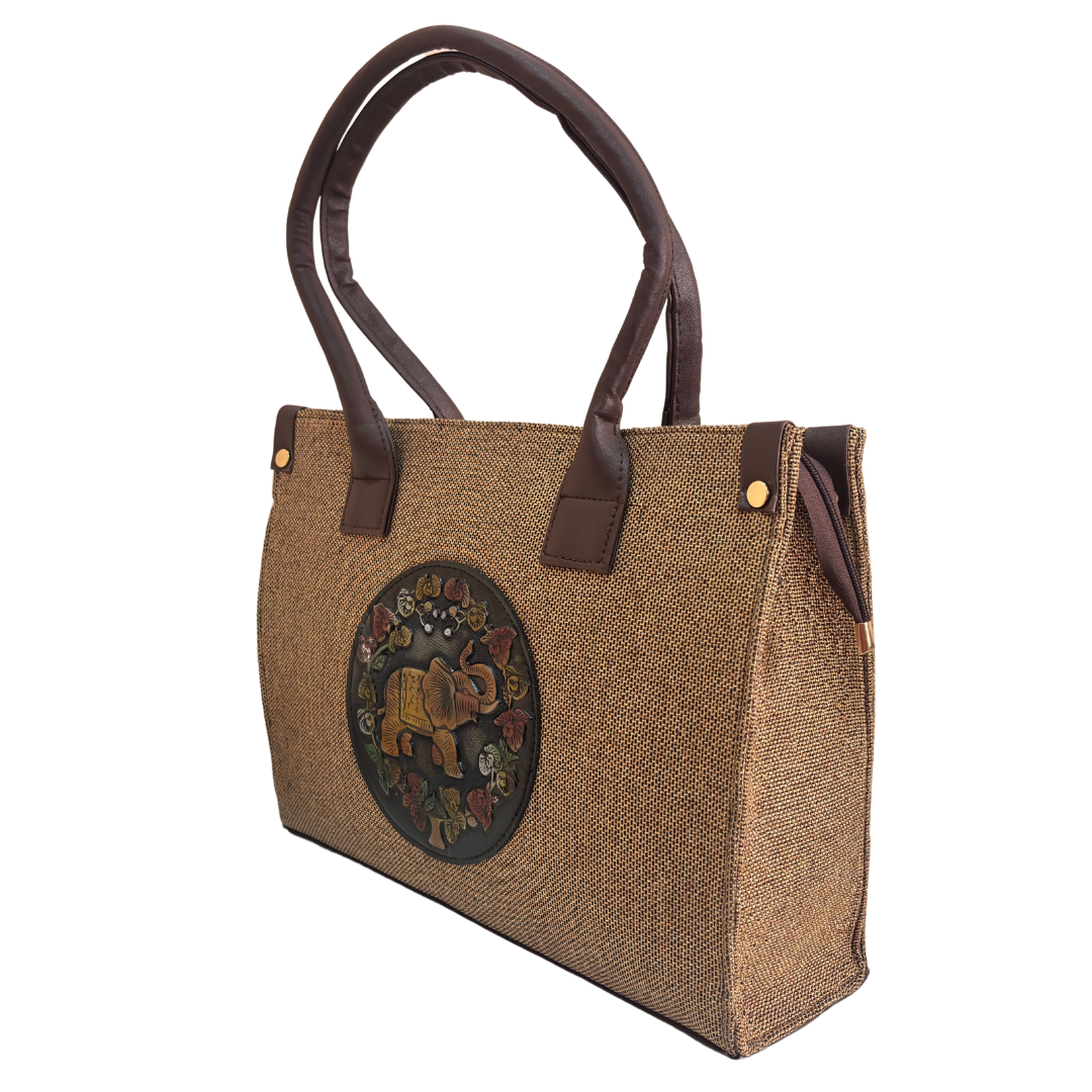 The House of RajPadmini Jute Tote Bag with Medallion Embossed Print