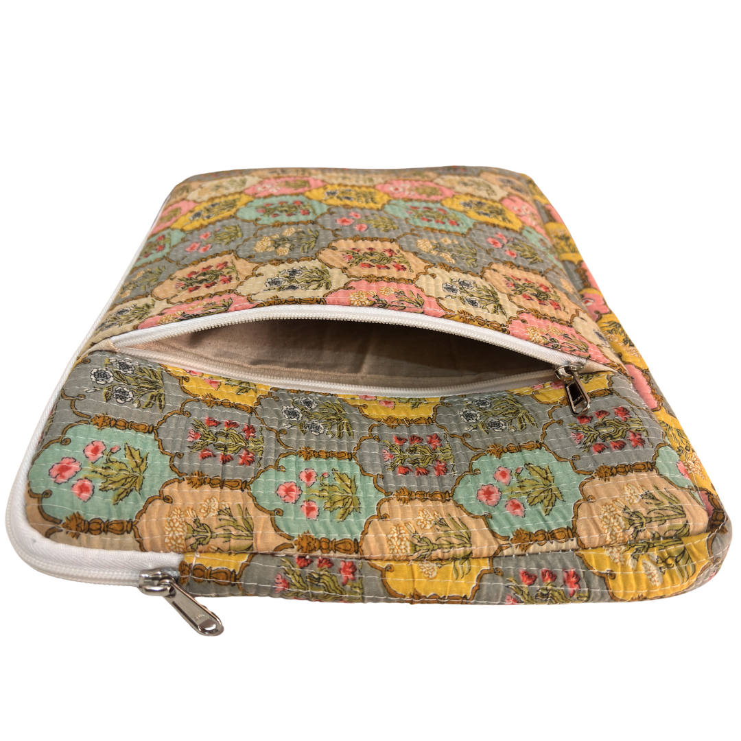 Classic Yellow laptop sleeve external zip pocket detail for cables and small essentials