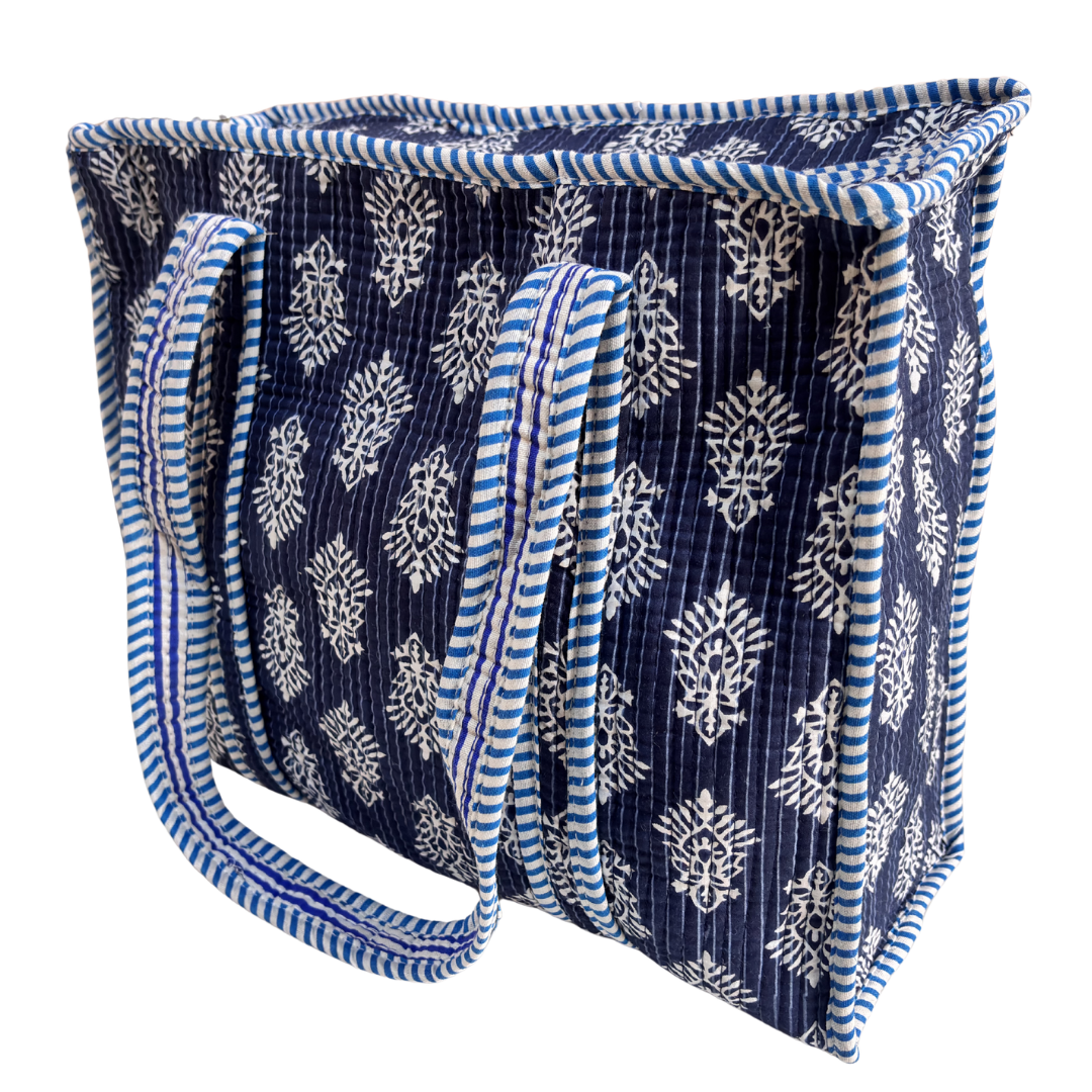 Blue quilted tote bag handles — reinforced cotton straps for daily use