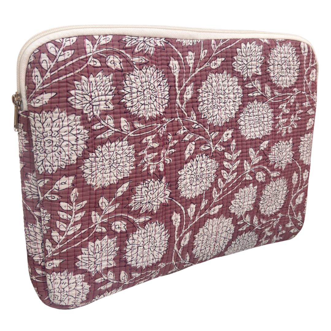 Quilted Cotton Laptop Sleeve with External Pocket — Handcrafted 14-inch Sleeve | The House of RajPadmini