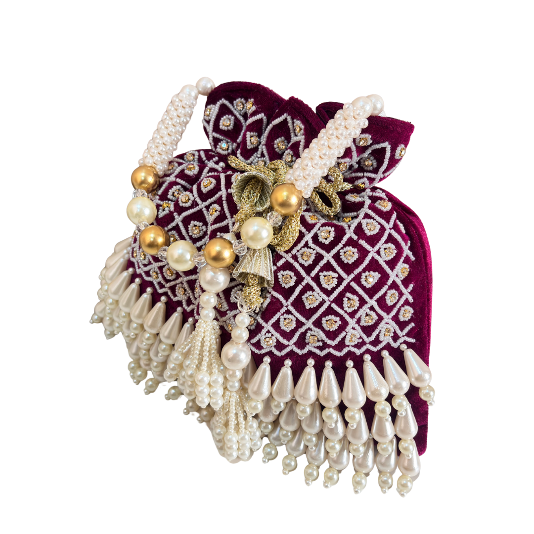 The House of RajPadmini Velvet Pearl Embroidered Potli Bag