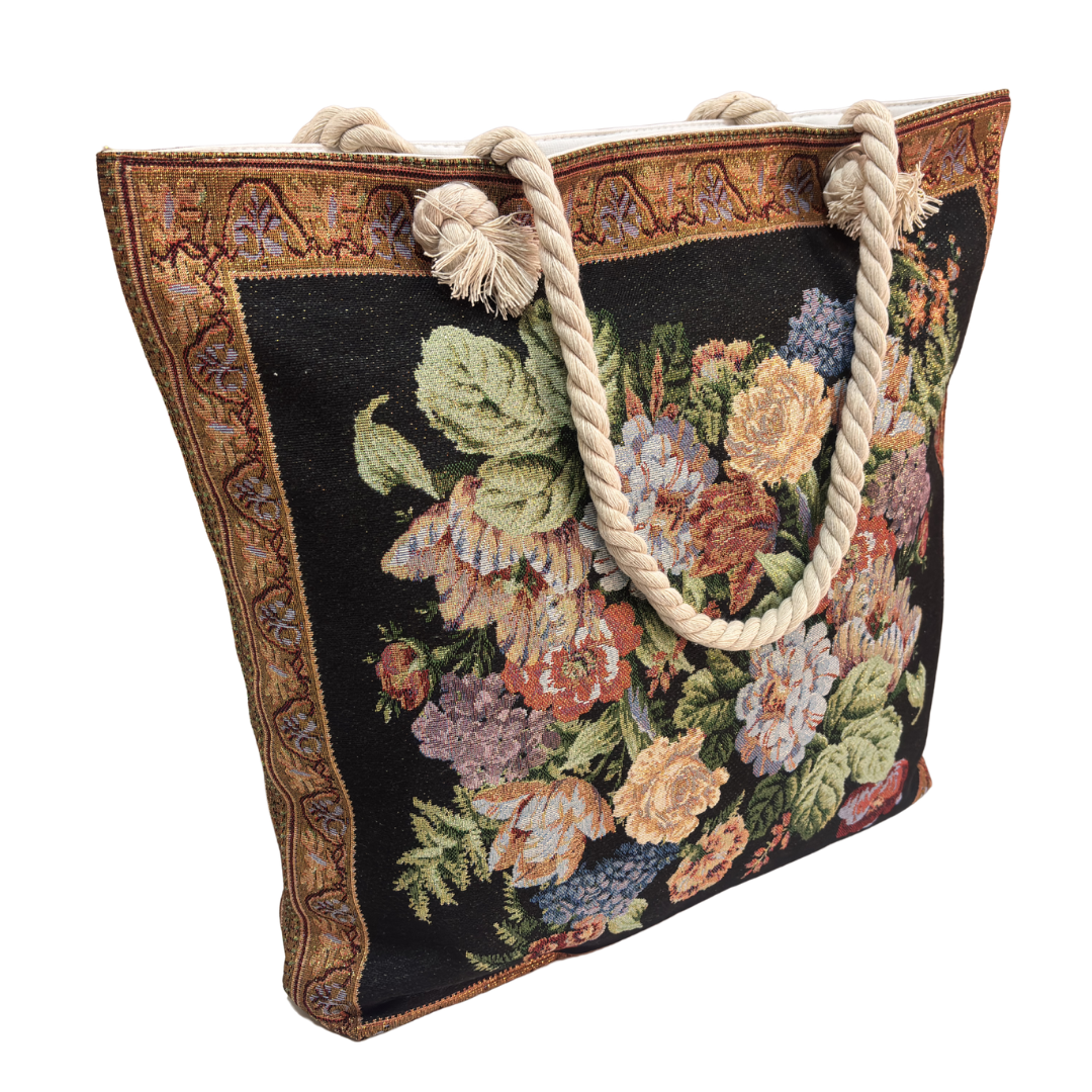 Peacock & Floral Print Canvas Beach Tote — Handcrafted Waterproof Tote with Zip Closure | The House of RajPadmini