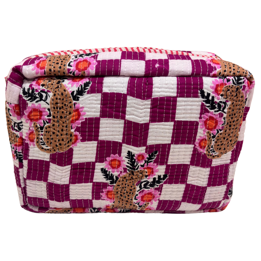 Multi-Pocket Travel Cosmetic Case with Flap & Front Zip — Handcrafted Quilted Block Print | RajPadmini