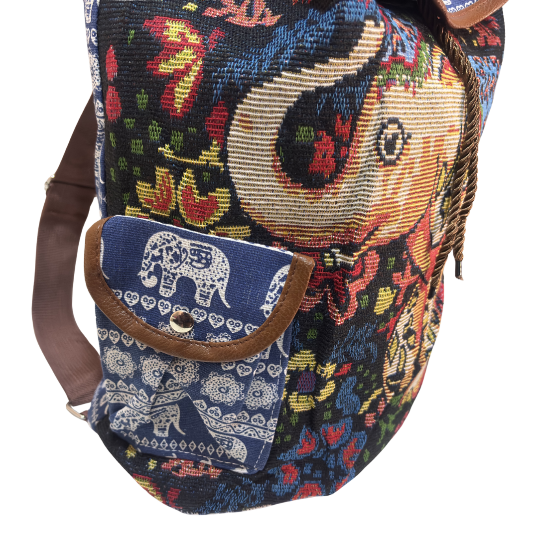 Trekking Paradise Edition: Canvas Black Elephant Print Drawstring Backpack