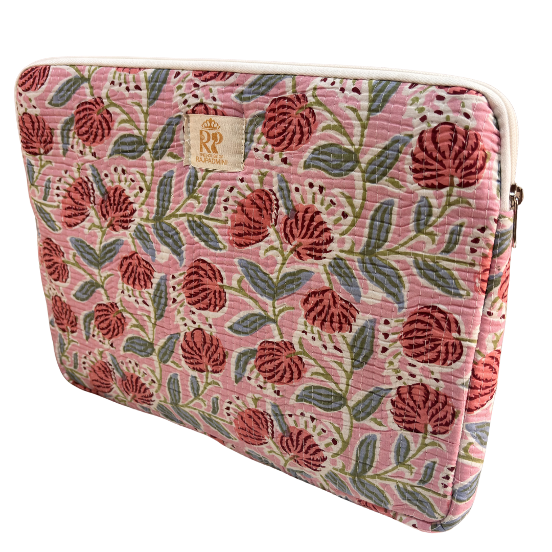 Floral Pink laptop sleeve external zip pocket detail for cables and accessories