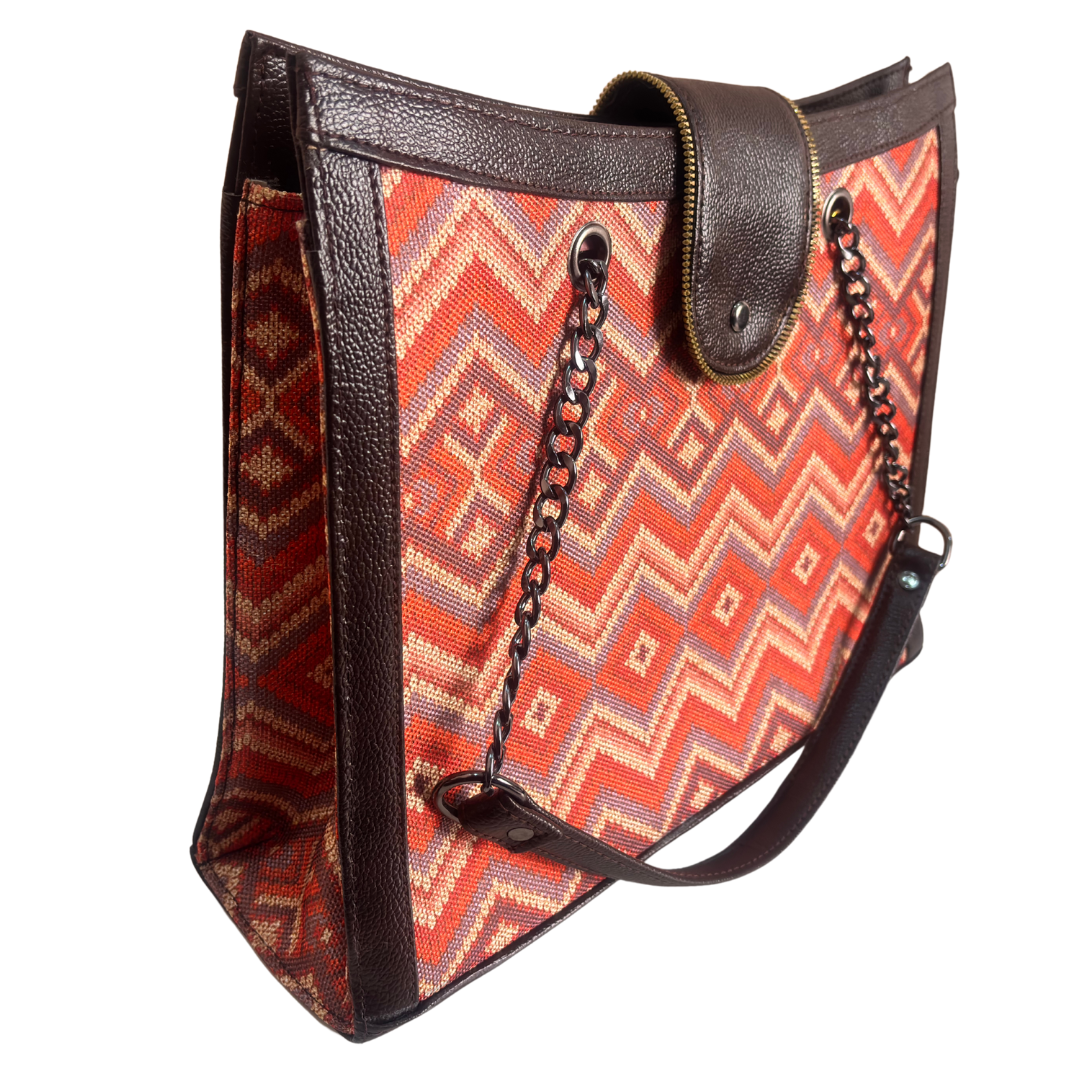 Chain Handle Tote Bag for Women | Rajasthani Block Print with Gold Chain Handles & Matching Pouch