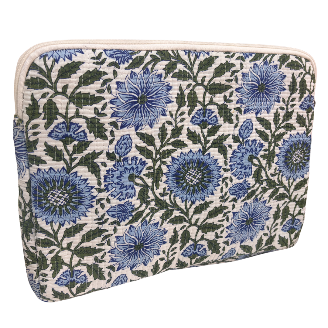 Quilted Cotton Laptop Sleeve with External Pocket — Handcrafted 14-inch Sleeve | The House of RajPadmini