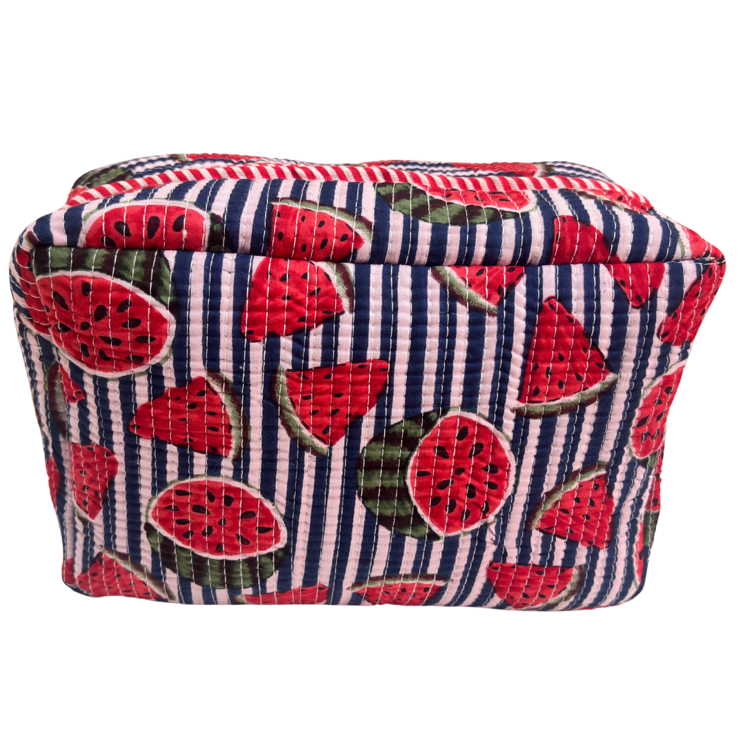 Multi-Pocket Travel Cosmetic Case with Flap & Front Zip — Handcrafted Quilted Block Print | RajPadmini
