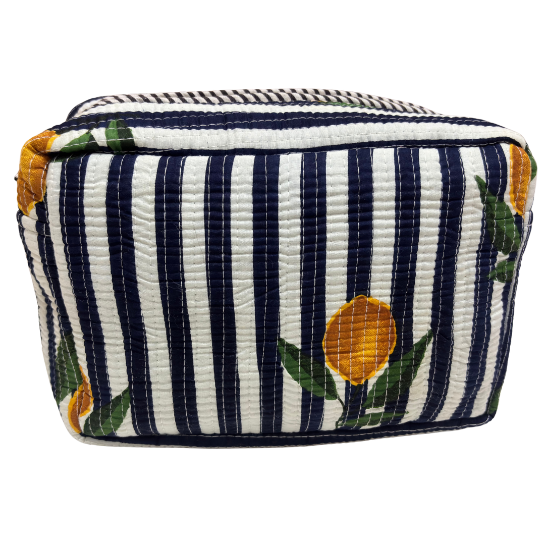 Multi-Pocket Travel Cosmetic Case with Flap & Front Zip — Handcrafted Quilted Block Print | RajPadmini