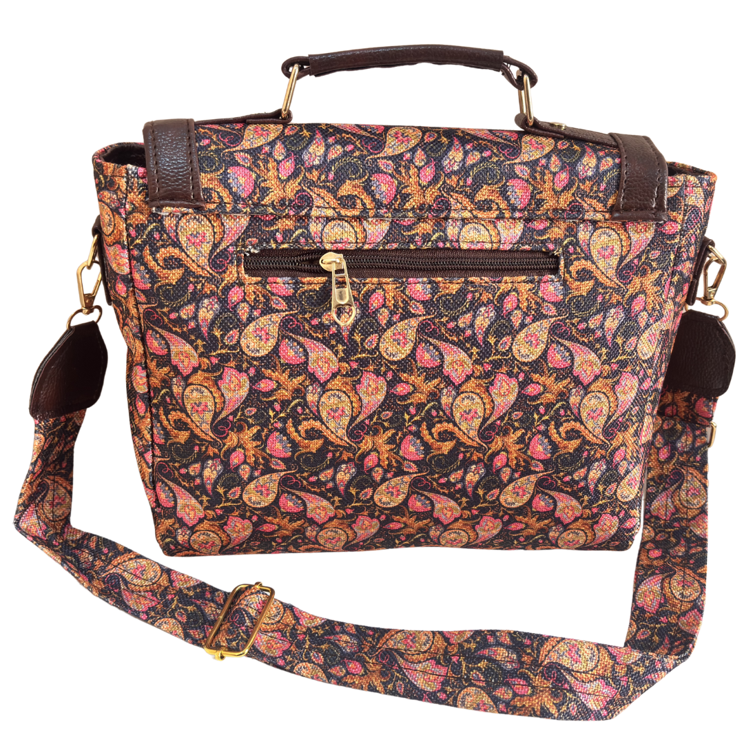 Brown Heritage Floral Sling Bag – back zip pocket detail for cards, keys and quick-access essentials