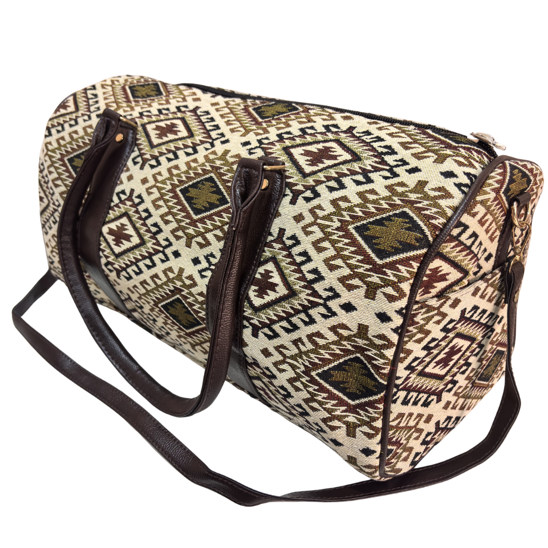 Interior of white and brown cotton duffle bag with faux leather lining and zip pocket