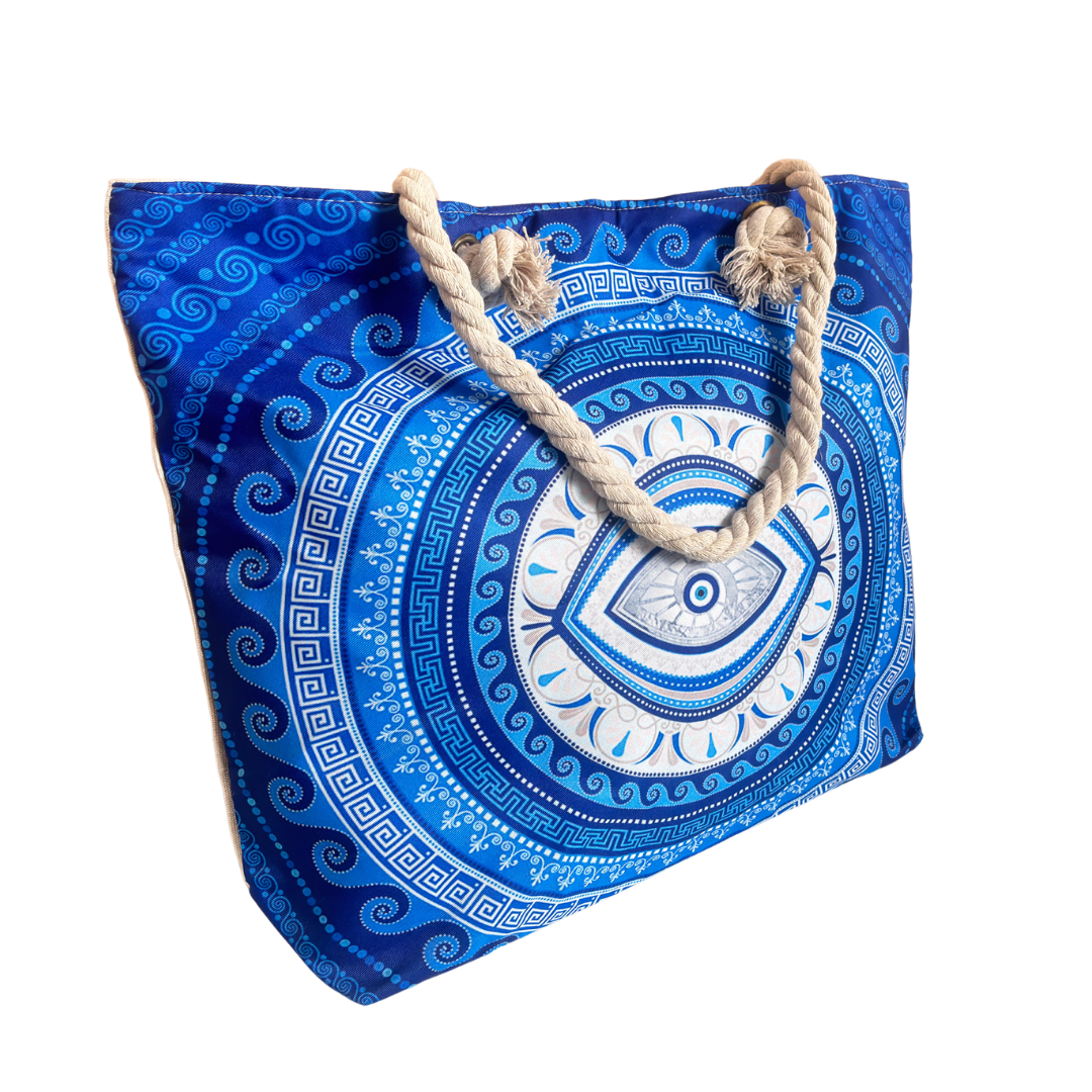 The Beach Party Edition:- Blue Evil Eye Print Beach Tote Bag with complimentary Pouch - The House of RajPadmini