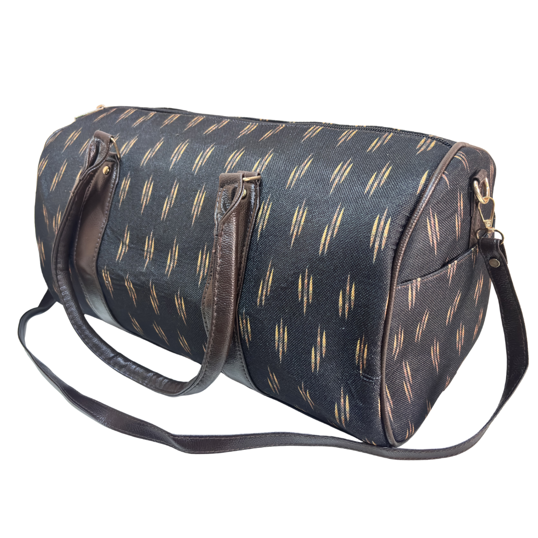 Interior view of black cotton duffle bag with faux leather lining and zip pocket for valuables