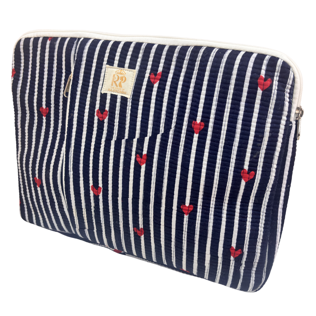 Quilted Cotton Laptop Sleeve with External Pocket — Handcrafted 14-inch Sleeve | The House of RajPadmini