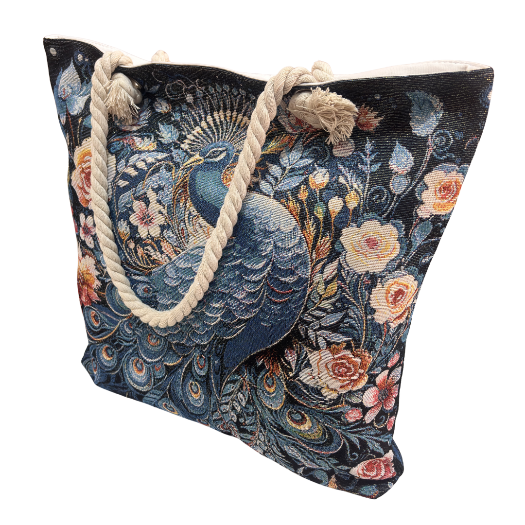 Peacock & Floral Print Canvas Beach Tote — Handcrafted Waterproof Tote with Zip Closure | The House of RajPadmini