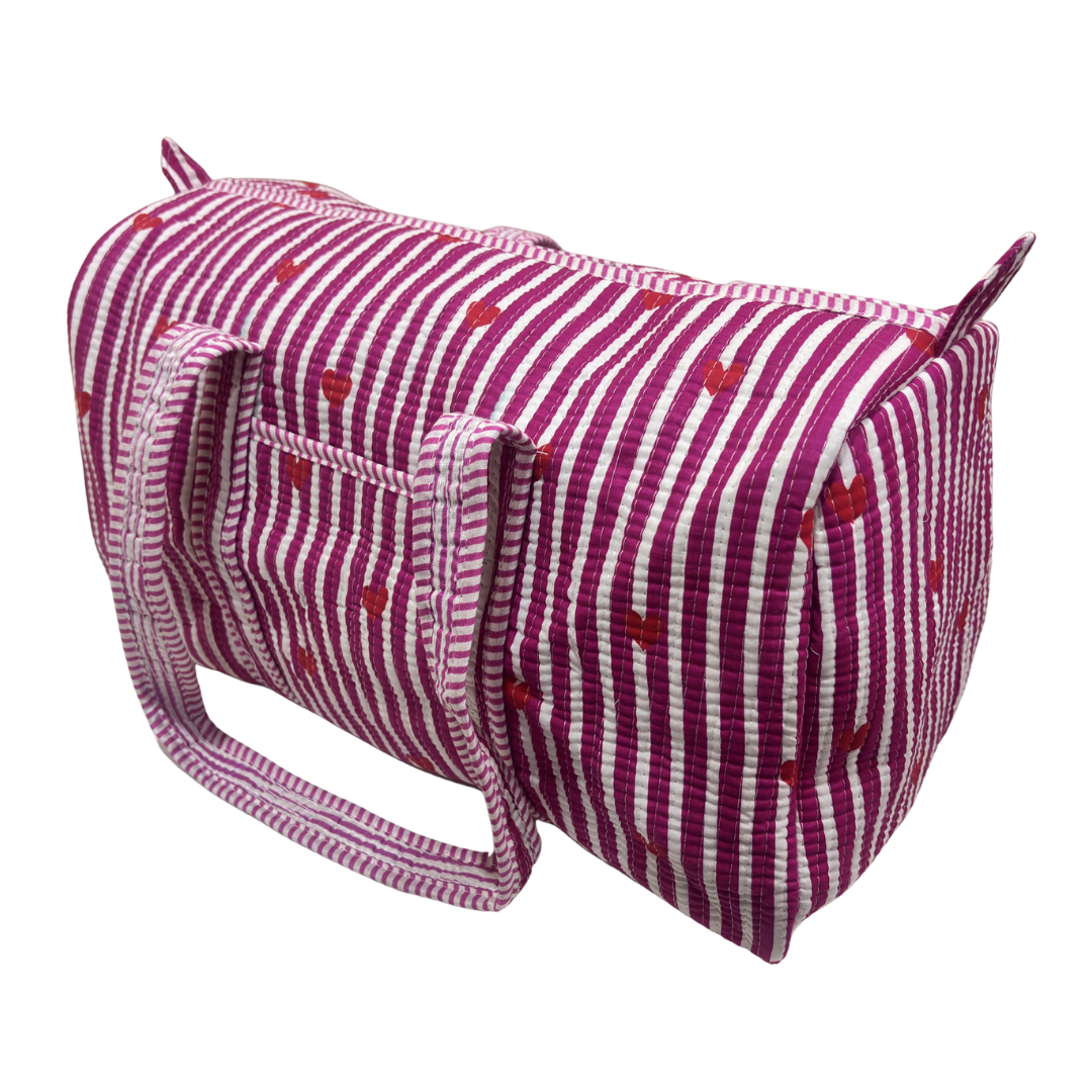 Interior view of Pushkar Balloon quilted duffle (Pink variant) with zip pocket and lining