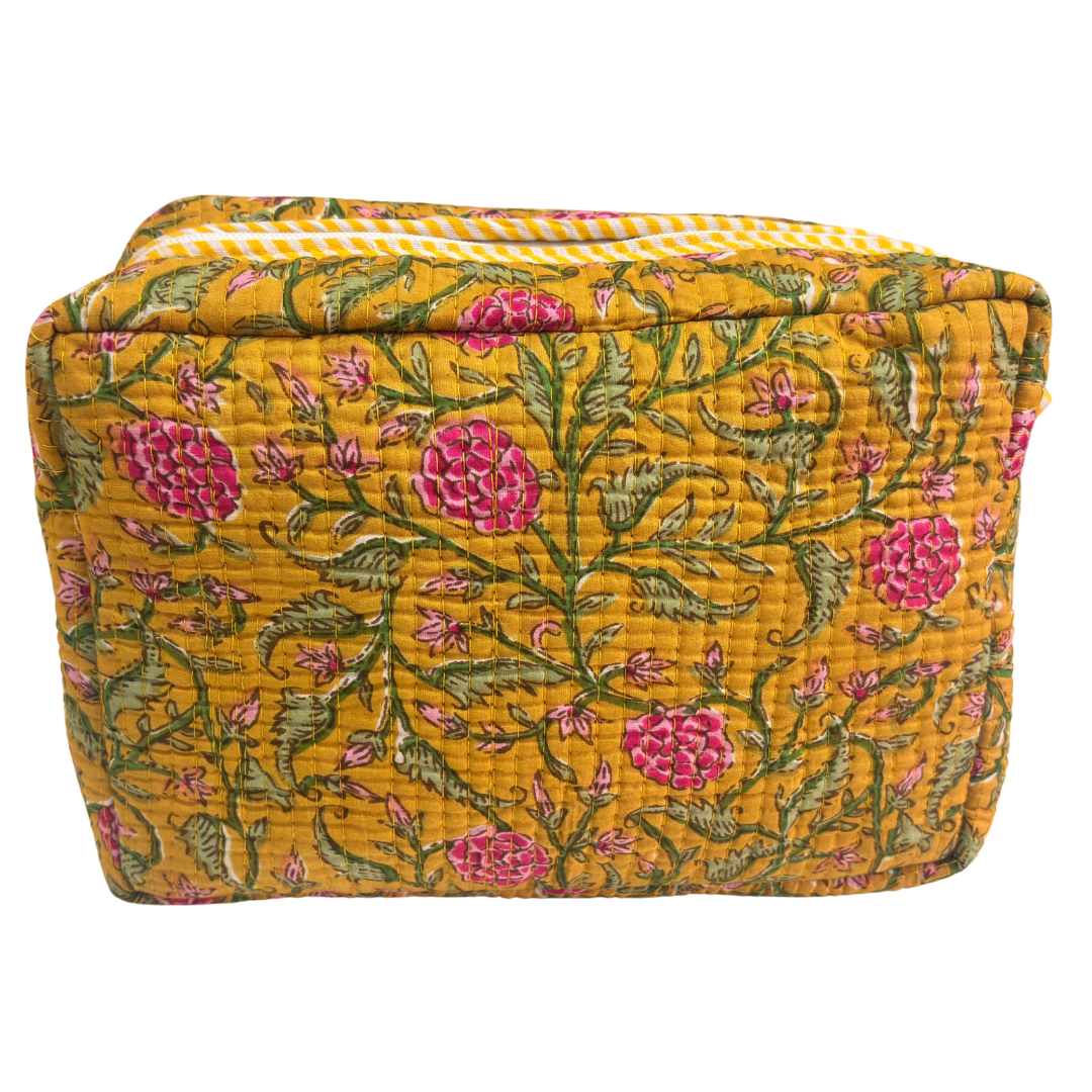 Multi-Pocket Travel Cosmetic Case with Flap & Front Zip — Handcrafted Quilted Block Print | RajPadmini