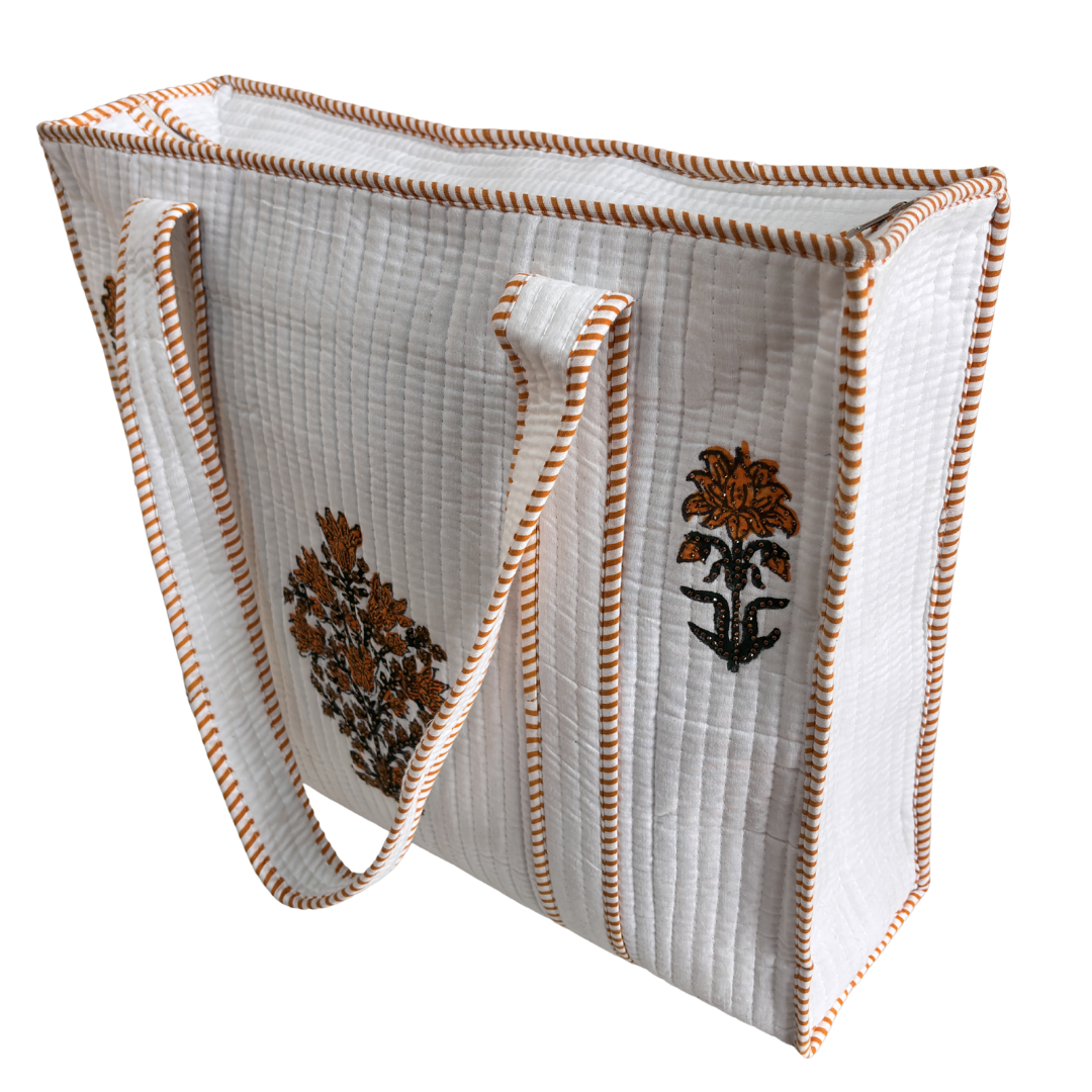 Quilted Cotton Shopping Tote Bag – Block Print, Handcrafted | The House of RajPadmini