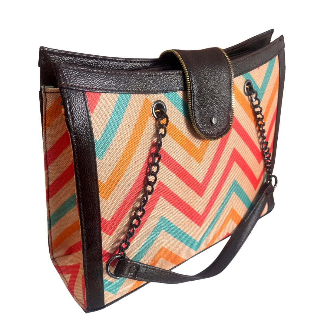 Chain Handle Tote Bag for Women | Rajasthani Block Print with Gold Chain Handles & Matching Pouch