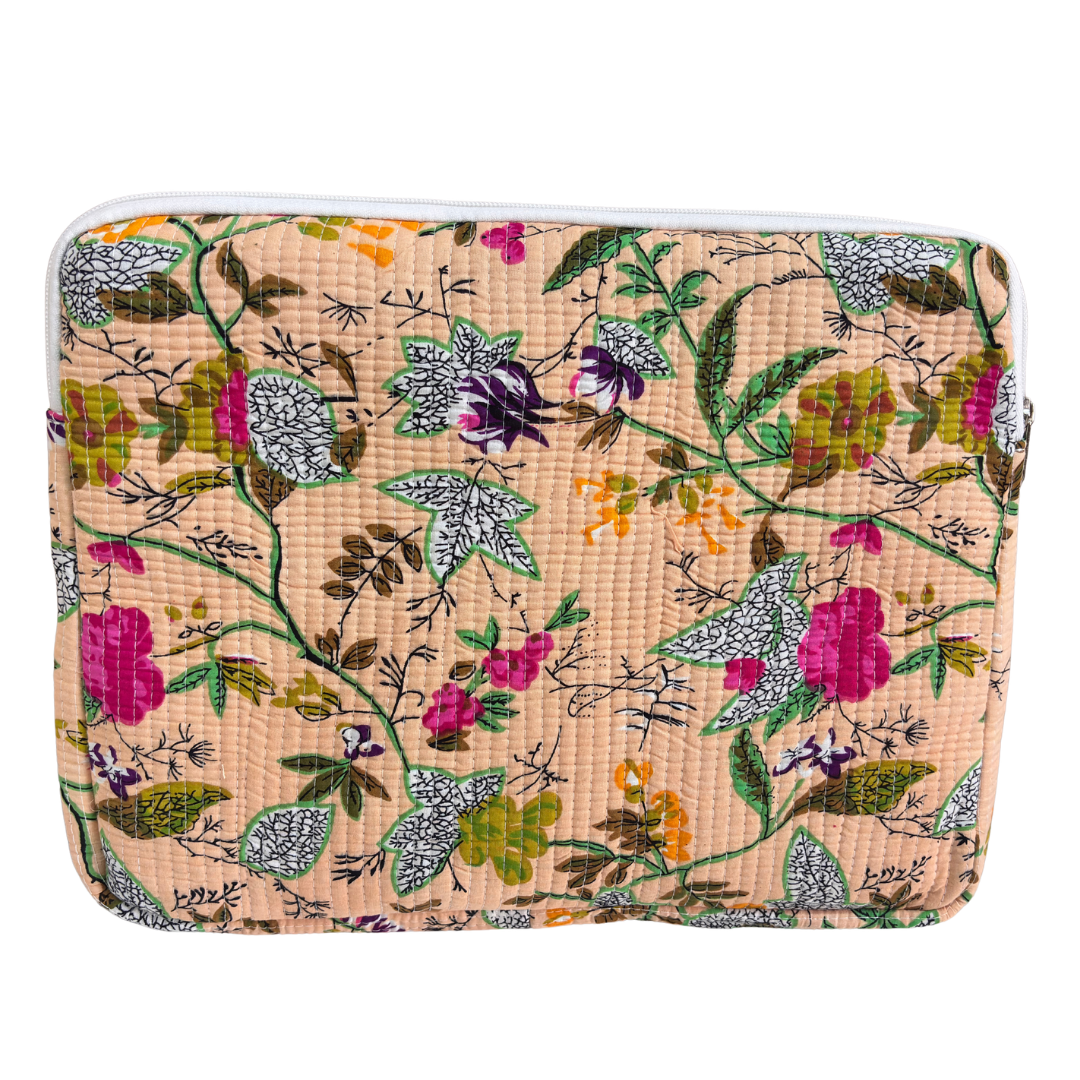 Quilted Cotton Laptop Sleeve with External Pocket — Handcrafted 14-inch Sleeve | The House of RajPadmini