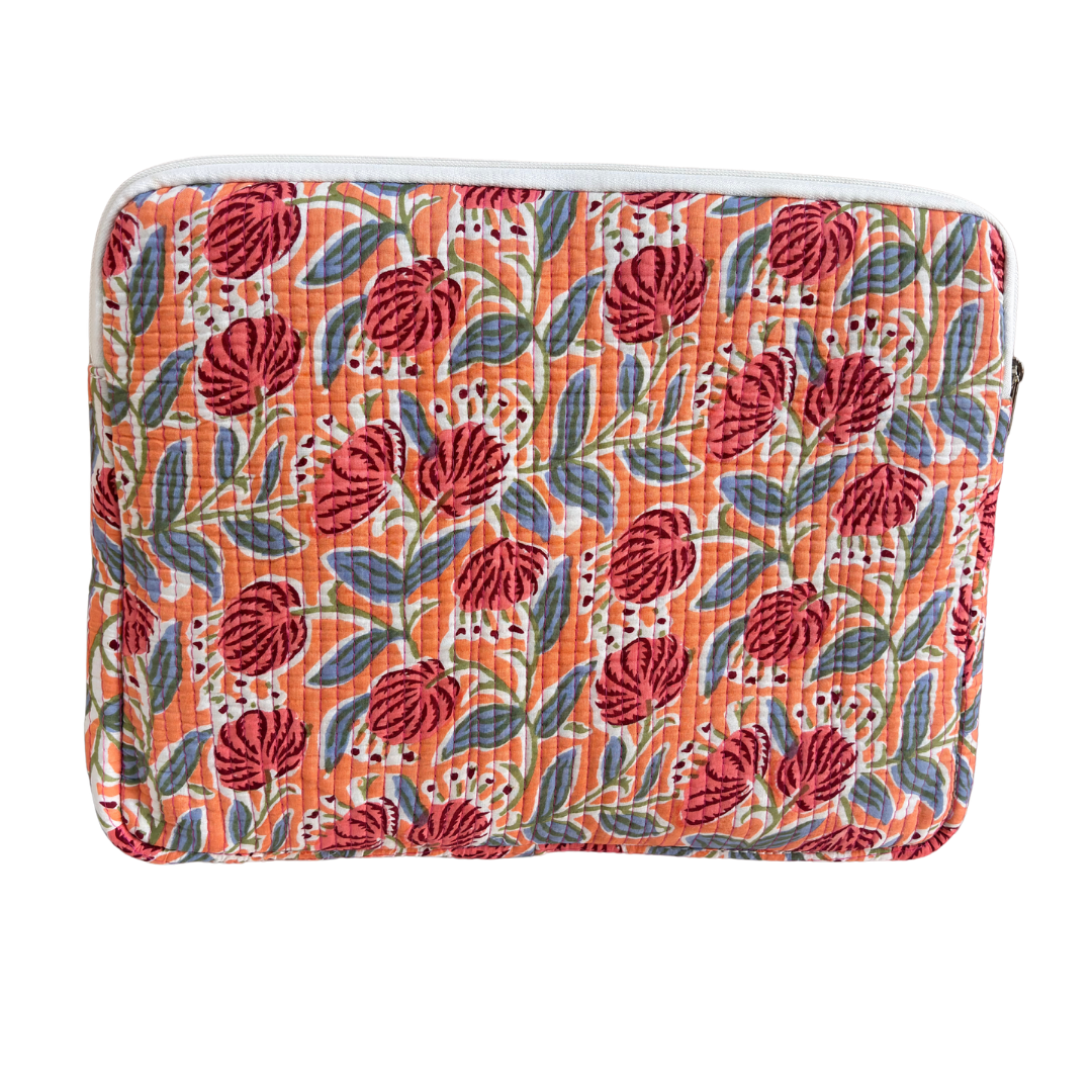 Quilted Cotton Laptop Sleeve with External Pocket — Handcrafted 14-inch Sleeve | The House of RajPadmini