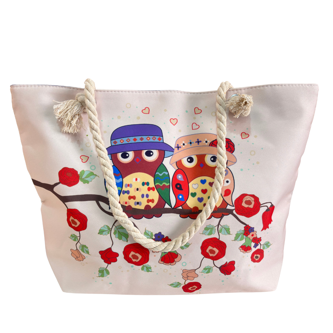 The Beach Party Edition:- Owl Print White Beach Tote Bag with complimentary Pouch