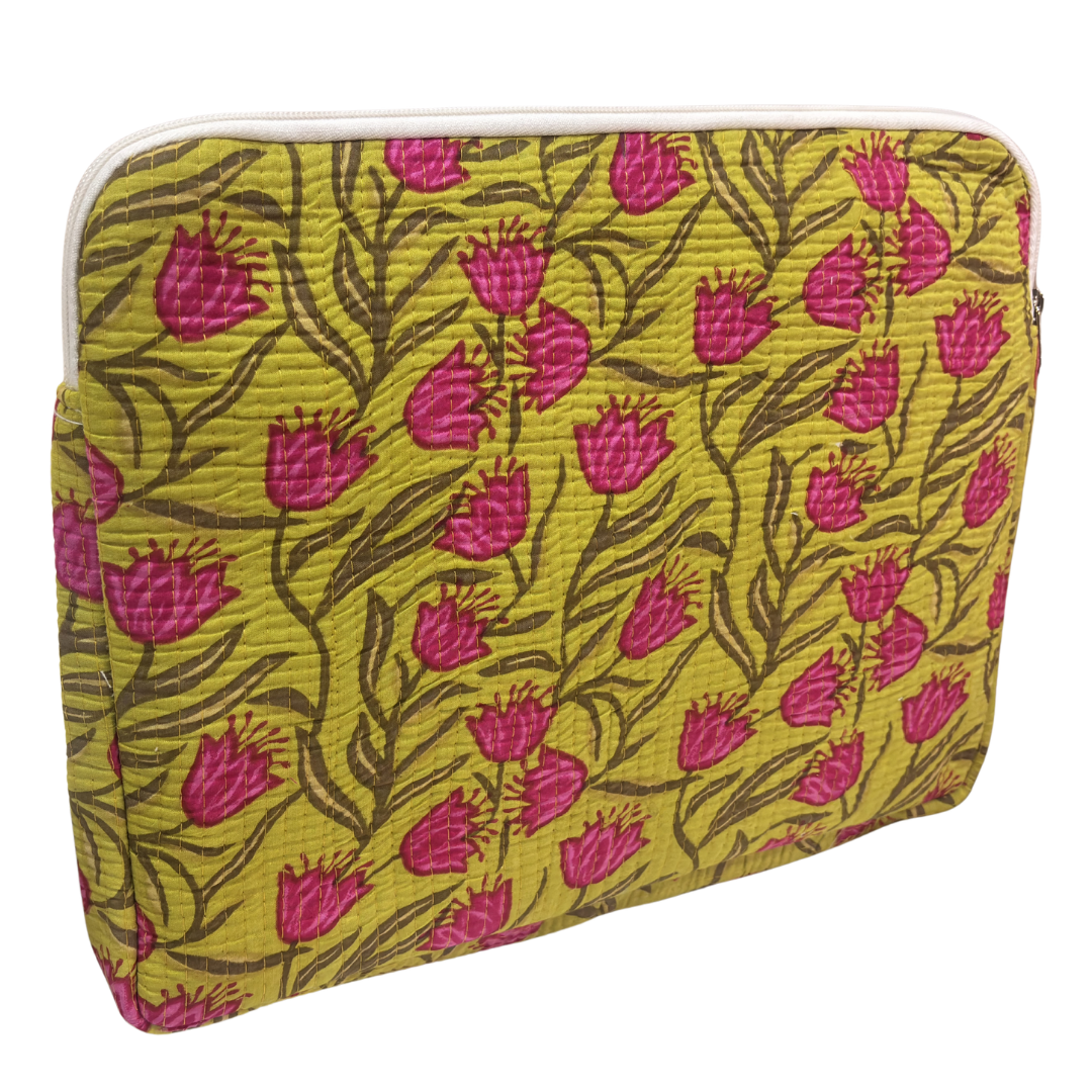 Quilted Cotton Laptop Sleeve with External Pocket — Handcrafted 14-inch Sleeve | The House of RajPadmini
