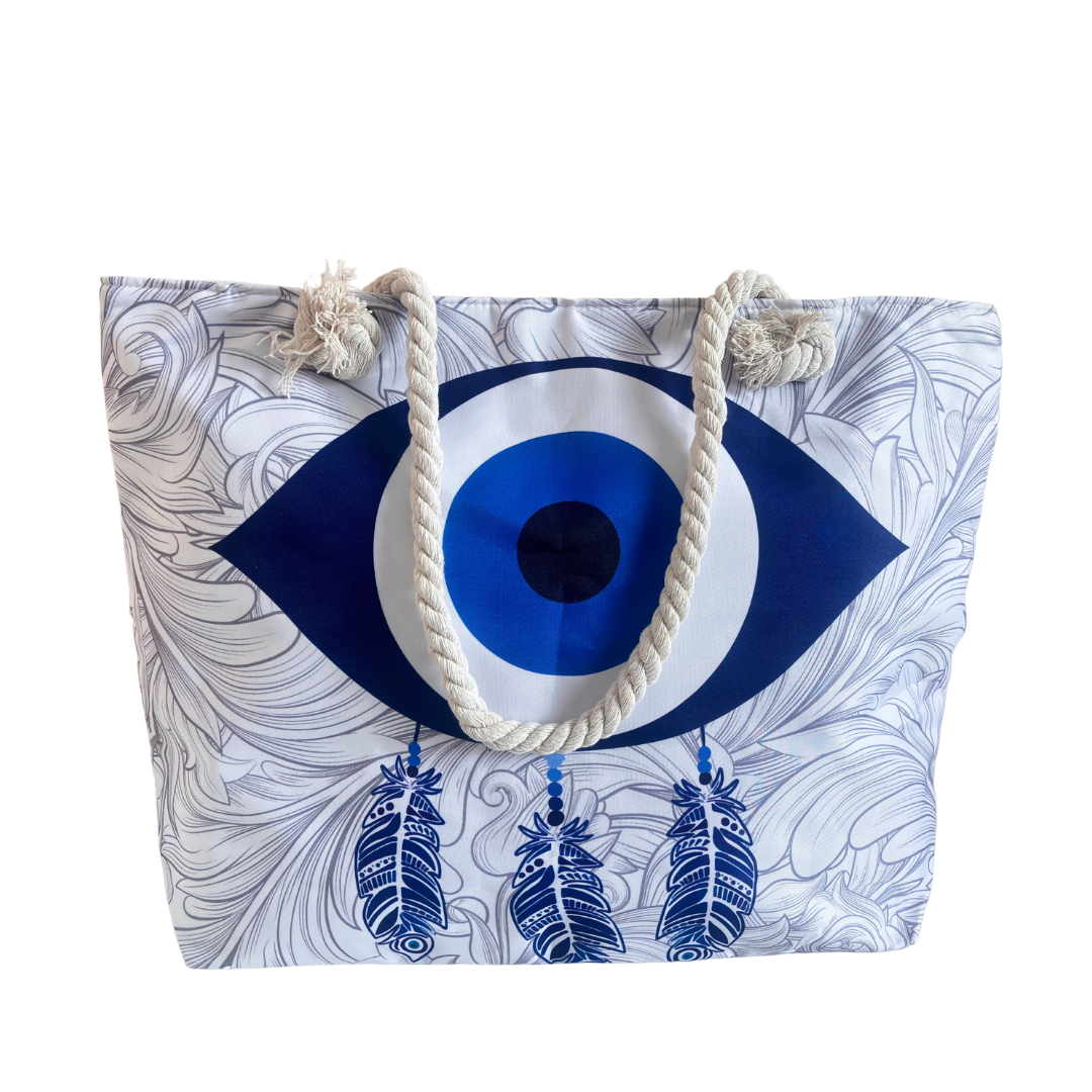 The Beach Party Edition:- Evil Eye Feather Print Beach Tote Bag with complimentary Pouch - The House of RajPadmini