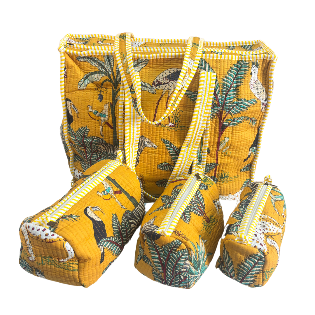 Red quilted cotton tote + 3 pouches — Festive Gifting Combo | RajPadmini Jaipur