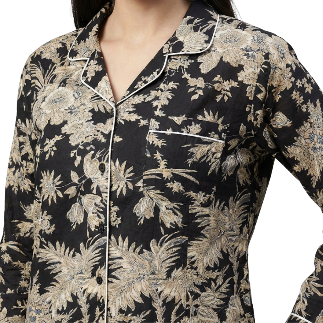 Gulmer by RajPadmini — The Night Blossom Mulmul Cotton Cord Set with matching Cover| Deep Black Nightsuit for Women | Breathable Loungewear with Collar Shirt & Pants