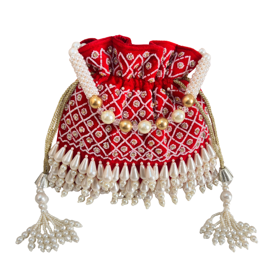 The House of RajPadmini Velvet Pearl Embroidered Potli Bag