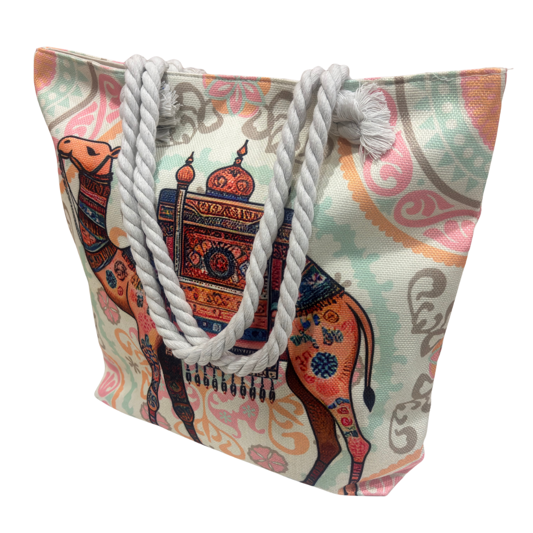 The House of RajPadmini Desert Caravan Edition | Waterproof Jaipuri Print Beach Tote with Peacock & Camel Motifs