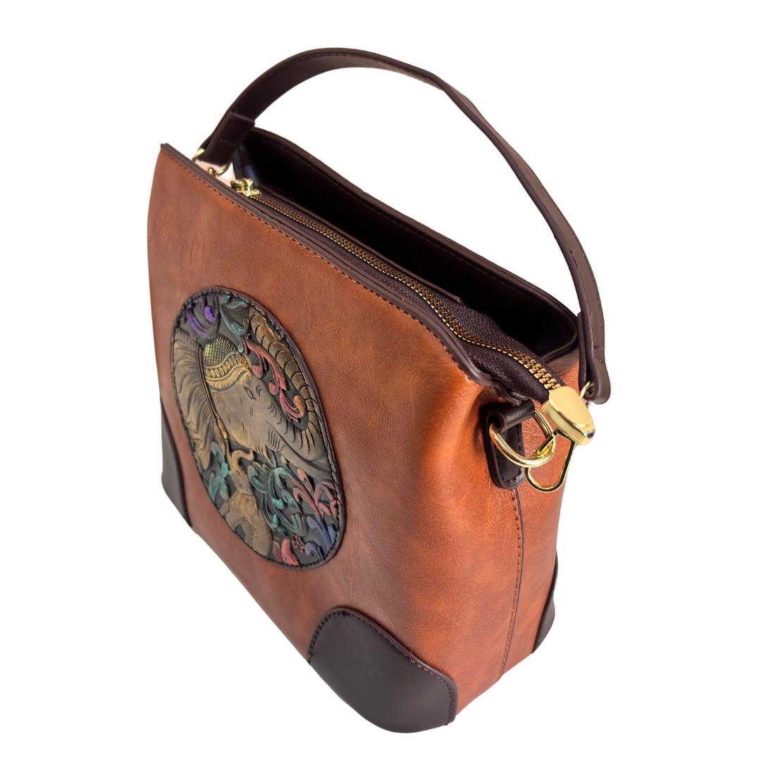 The House of RajPadmini Amber Fort Gajraj Edition | Embossed Elephant Medallion Handbag with Convertible Strap