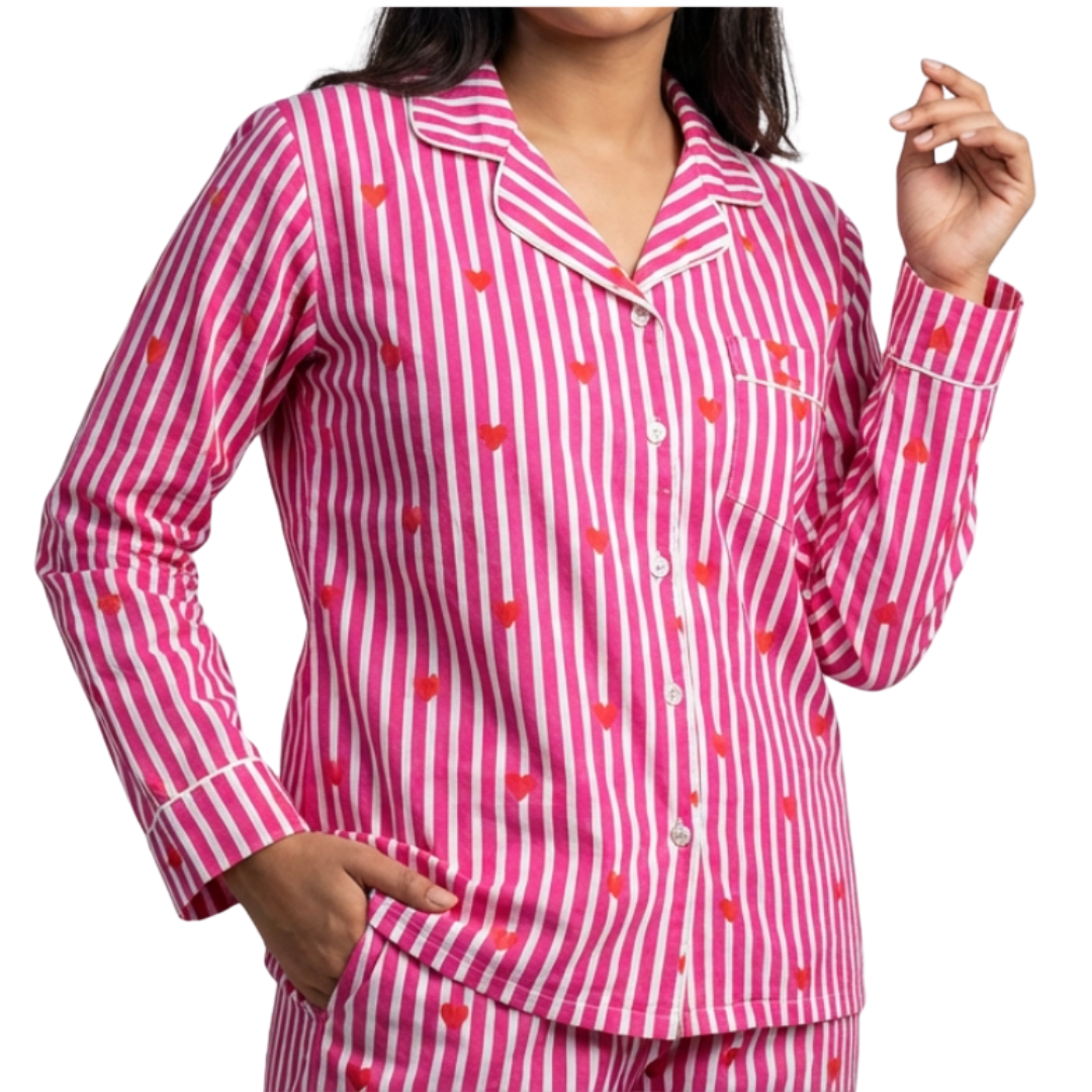 Gulmer by RajPadmini — Dil-e-Gulabi Mulmul Cotton Cord Set with matching Cover| Pink Striped Heart Print Nightsuit for Women | Breathable Loungewear with Collar Shirt & Pants